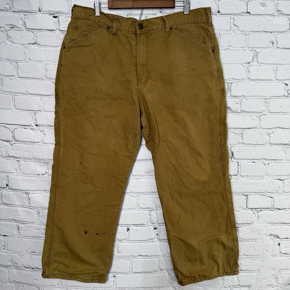 Schmidt Workwear Canvas Flannel Lined Carpenter Work Pants Mens 38x29 Camel Fade